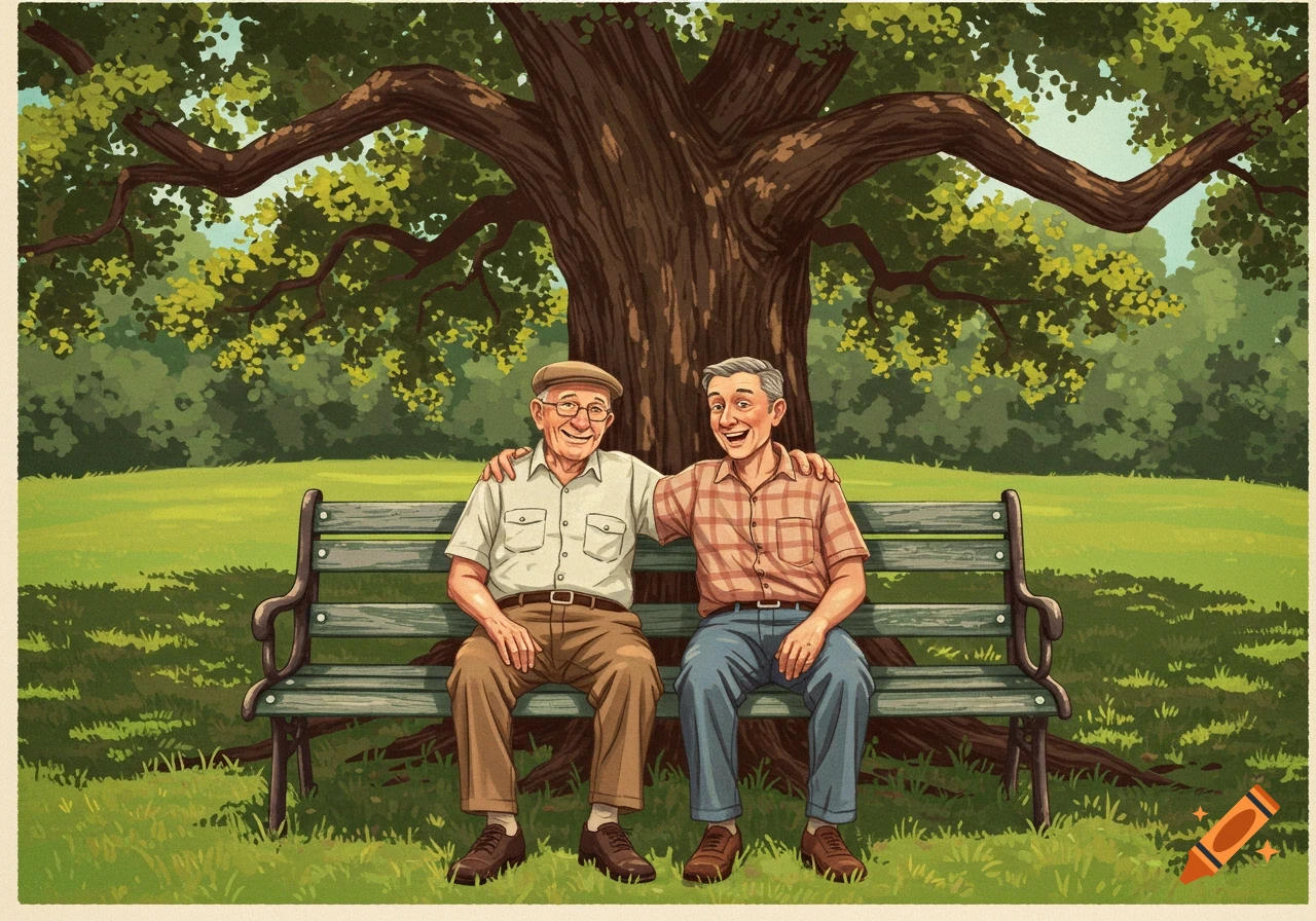 Two smiling older men sit arm-in-arm on a park bench under a large tree in an illustrated style.