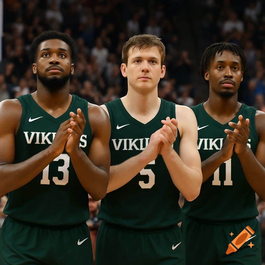 Three basketball players in dark green Vikings jerseys, numbers 13, 5, and 11, stand and applaud.