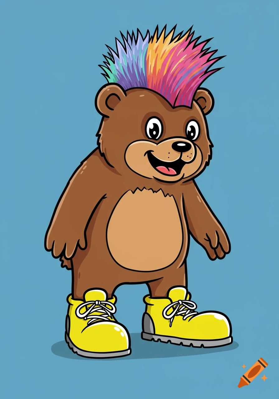 A cartoon bear with a rainbow mohawk and big yellow boots stands against a blue background.