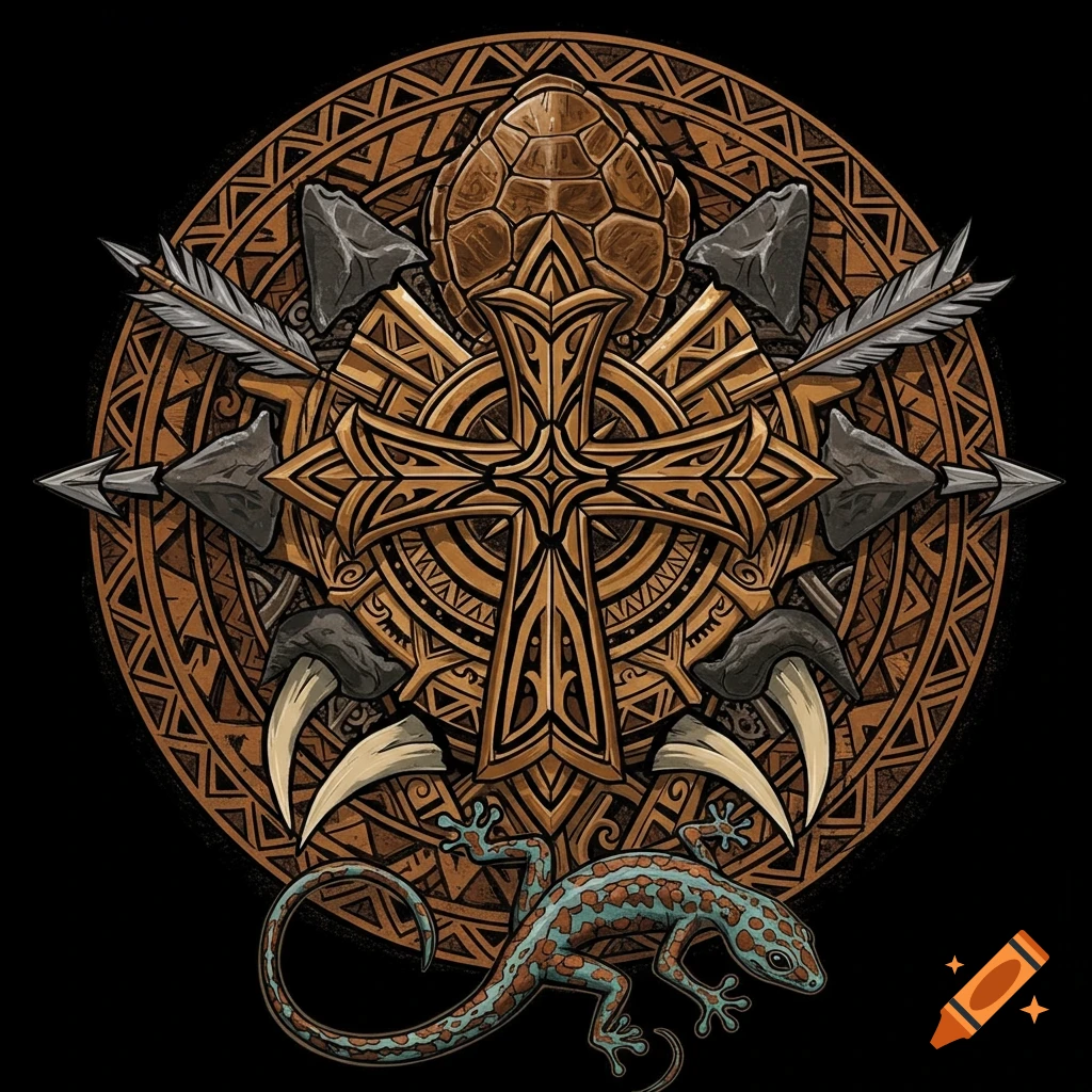 Polynesian tribal tattoo design with a cross, turtle shell, arrows, claws, and a gecko.