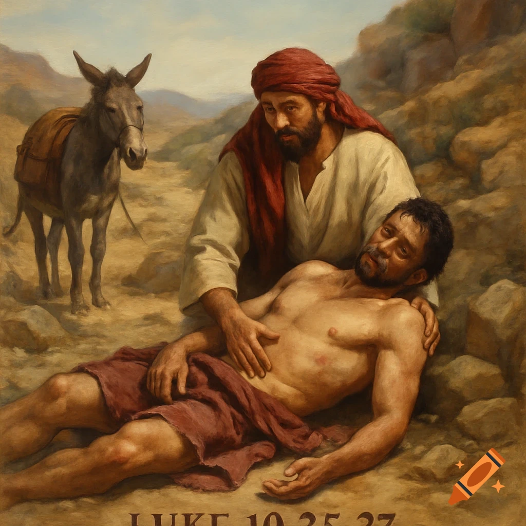 Painting of the Good Samaritan helping an injured man in a desert landscape with a donkey.