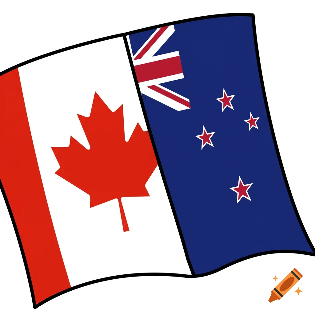 Cartoon style merged Canadian and New Zealand flags waving.