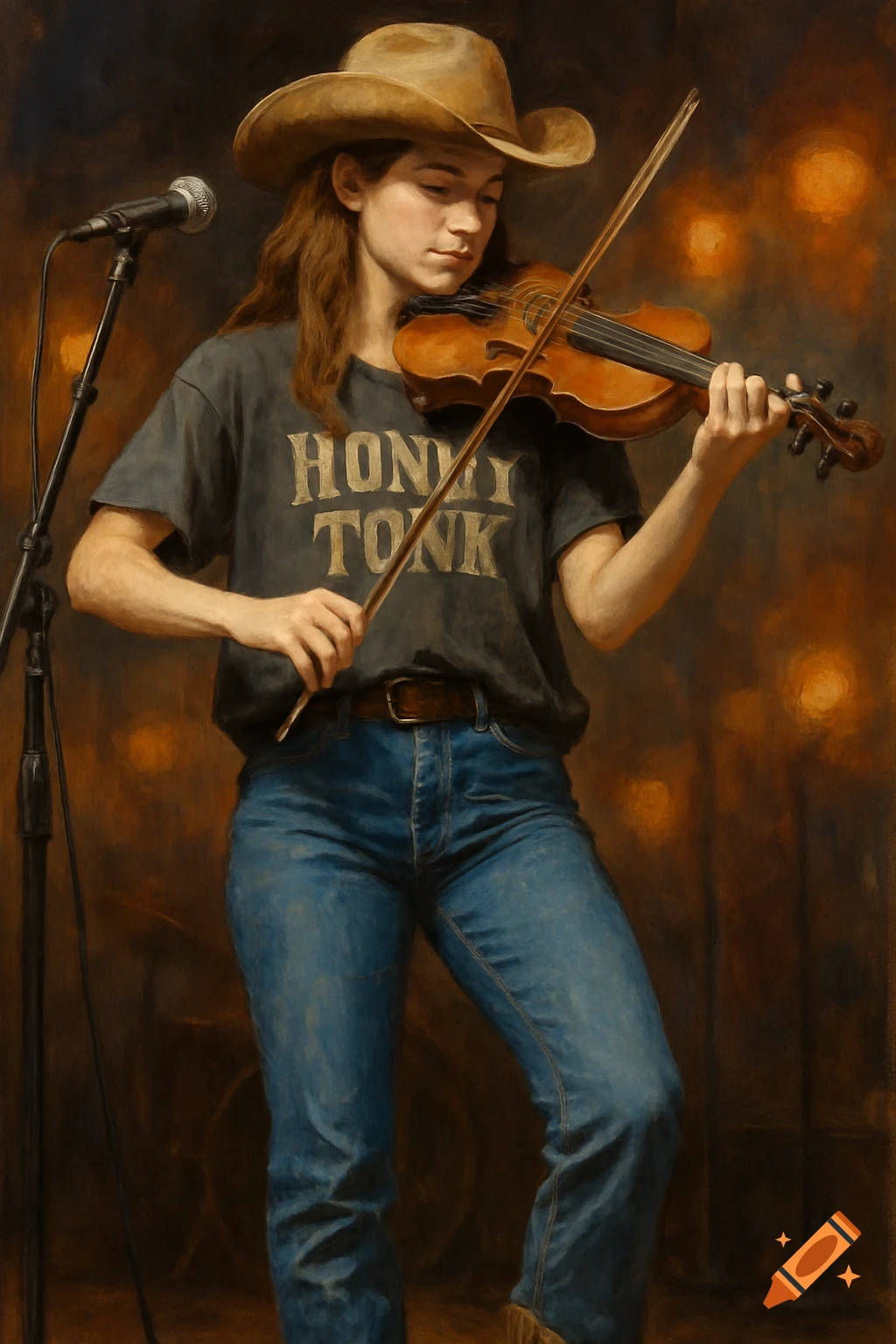 Woman in cowboy hat, jeans, and t-shirt playing a violin on stage.