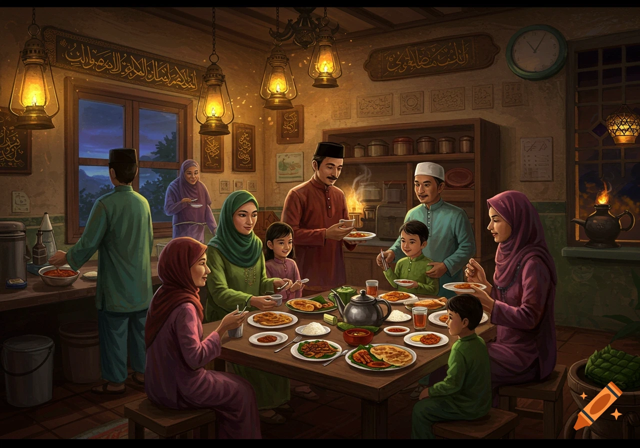 A Muslim family gathers around a table for a meal indoors, lit by lanterns.