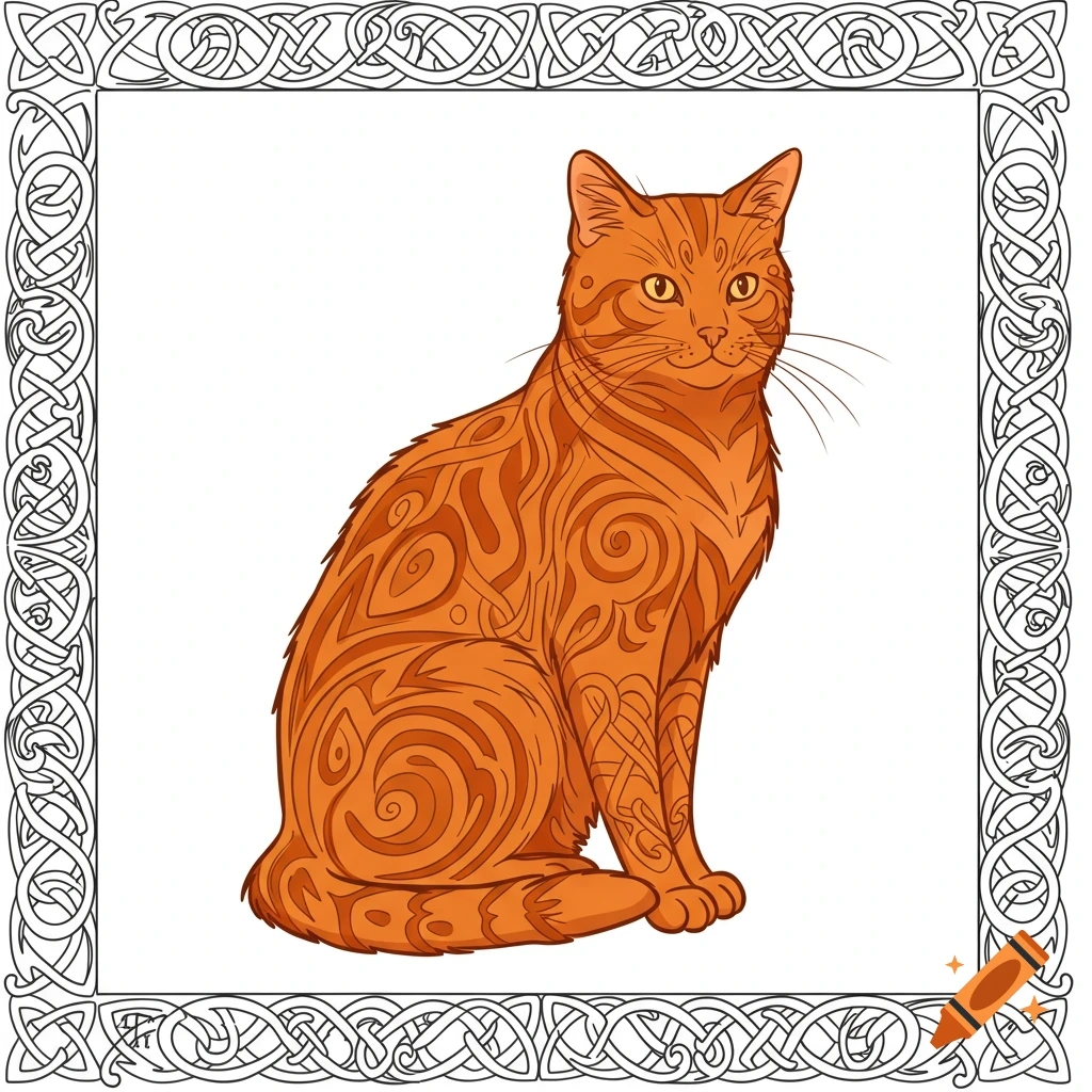 A line drawing of an orange cat patterned with Celtic knotwork, sitting within a decorative Celtic border.