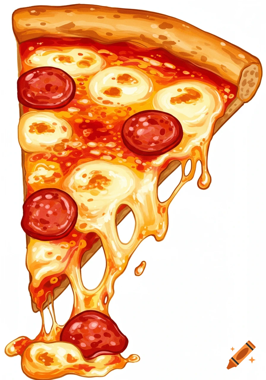 Illustration of a slice of pepperoni pizza with melting cheese.