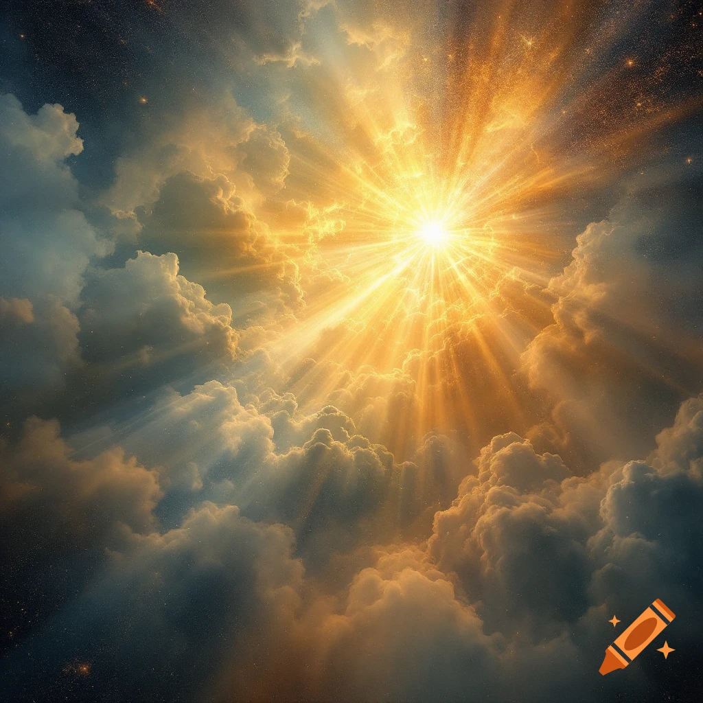 Bright rays of sunlight stream down through dramatic clouds.