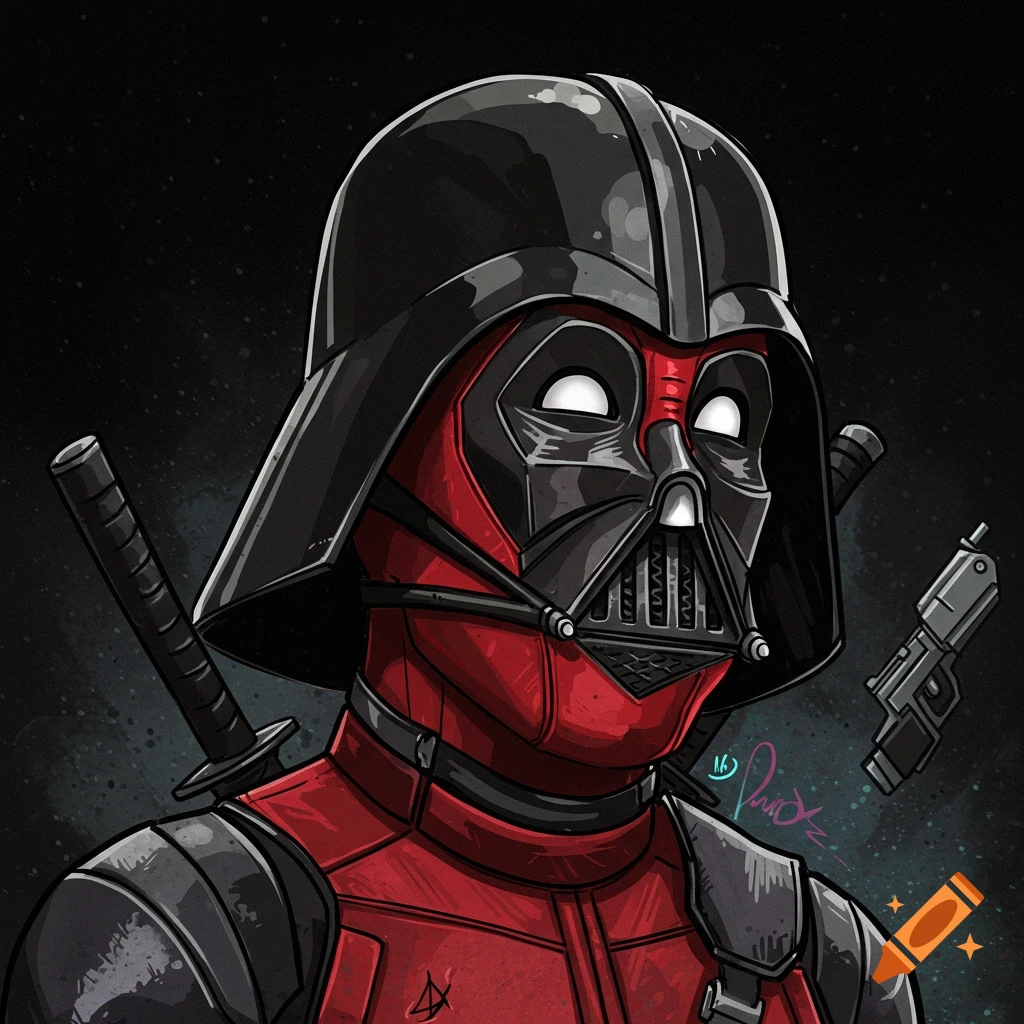 Illustration of a character wearing a Darth Vader helmet and a red and black Deadpool suit