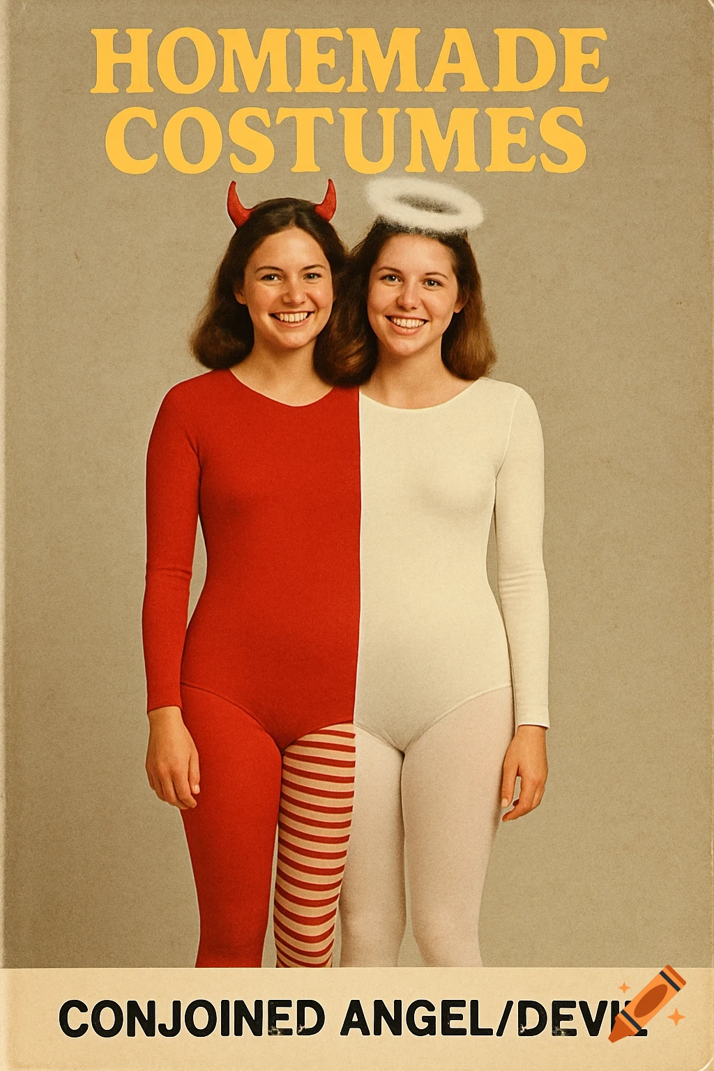 Vintage image of two women in a homemade conjoined angel and devil costume.