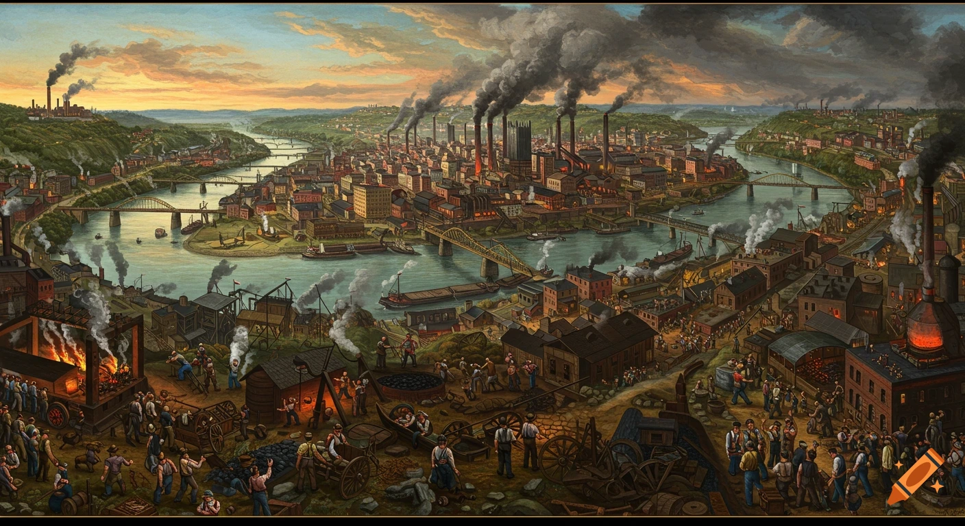 Industrial city panorama with factories, rivers, bridges, and workers in a historical painting style.