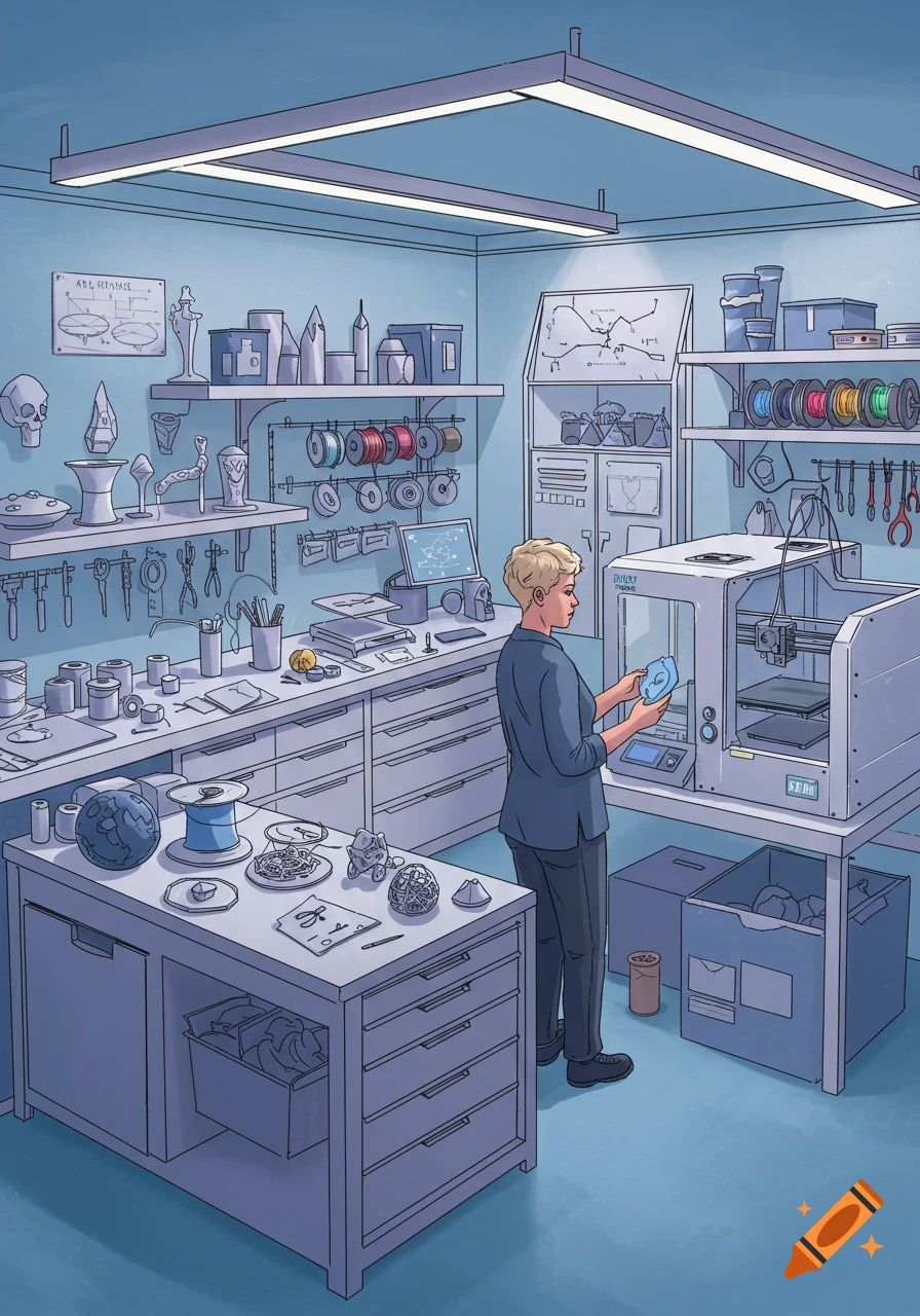Illustration of a person holding a printed object in a well-organized 3D printing workshop with tools, filament, and equipment.