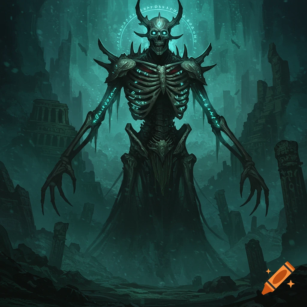 Dark fantasy skeletal creature with horns and glowing eyes standing in ruins.