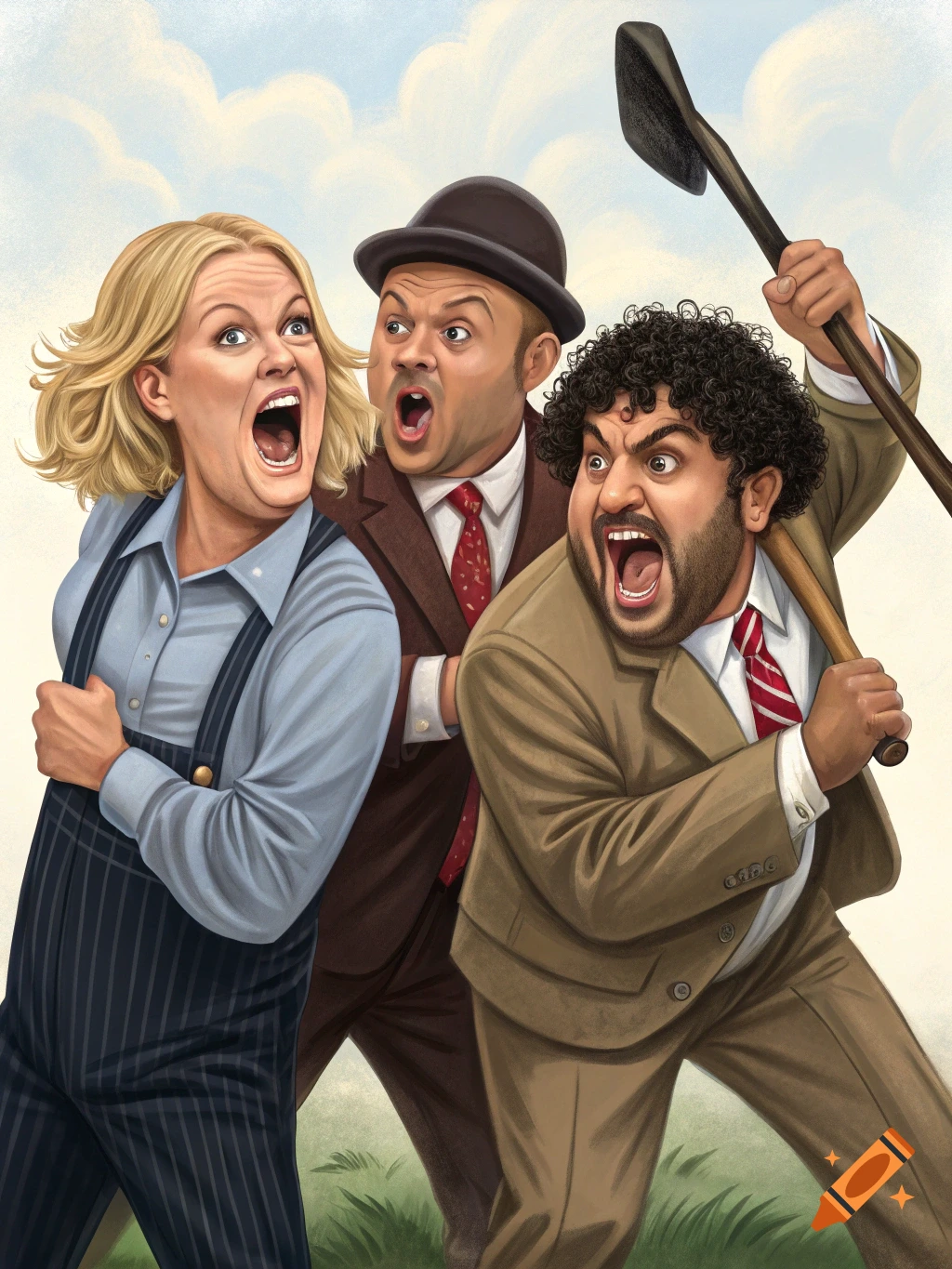 Caricature illustration of three people with exaggerated surprised expressions, one holding a shovel, in the style of the Three Stooges.