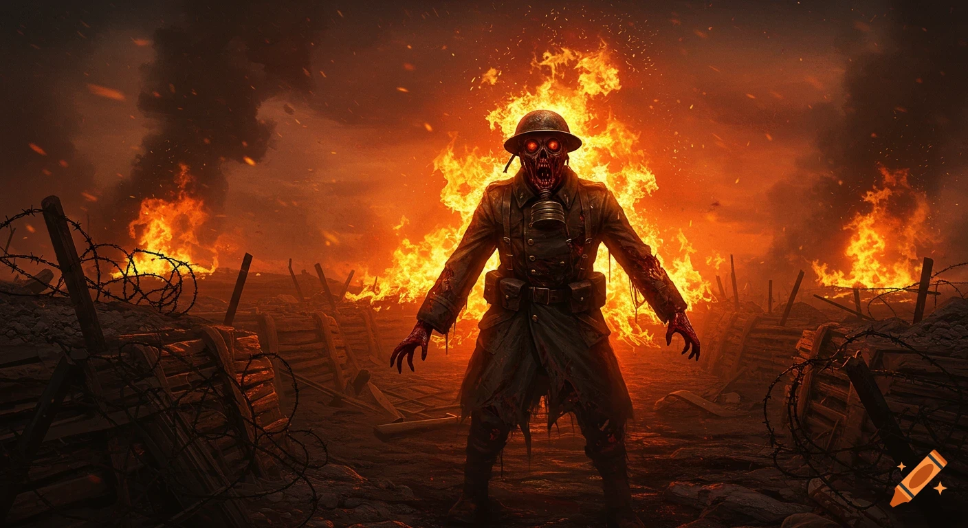 Zombie soldier in gas mask stands in a fiery WWI battlefield with trenches and barbed wire, digital art