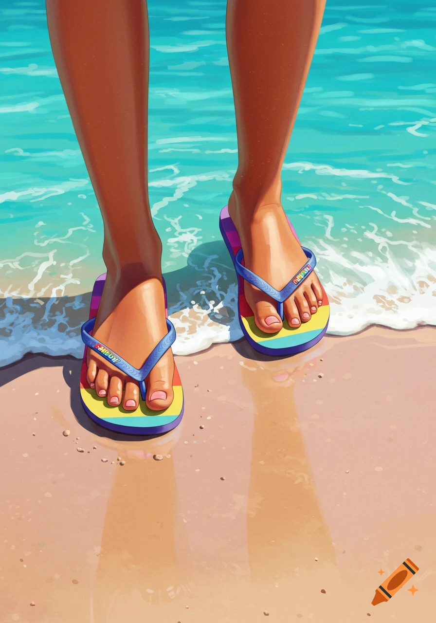 Person's legs & feet in rainbow flip-flops stand in shallow ocean water on a beach. Illustrative style.