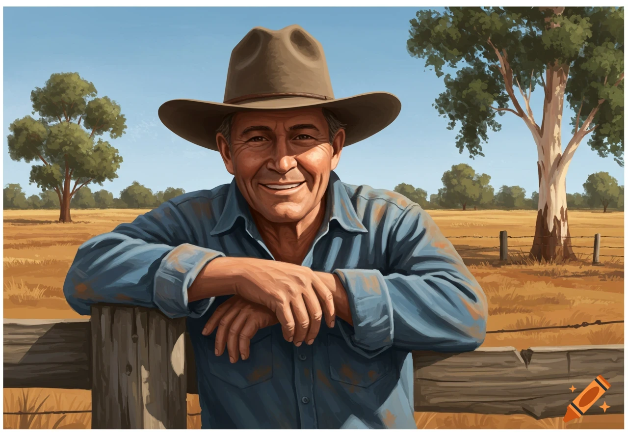 Smiling man in cowboy hat and blue shirt leans on a fence in a sunny rural Australian landscape.