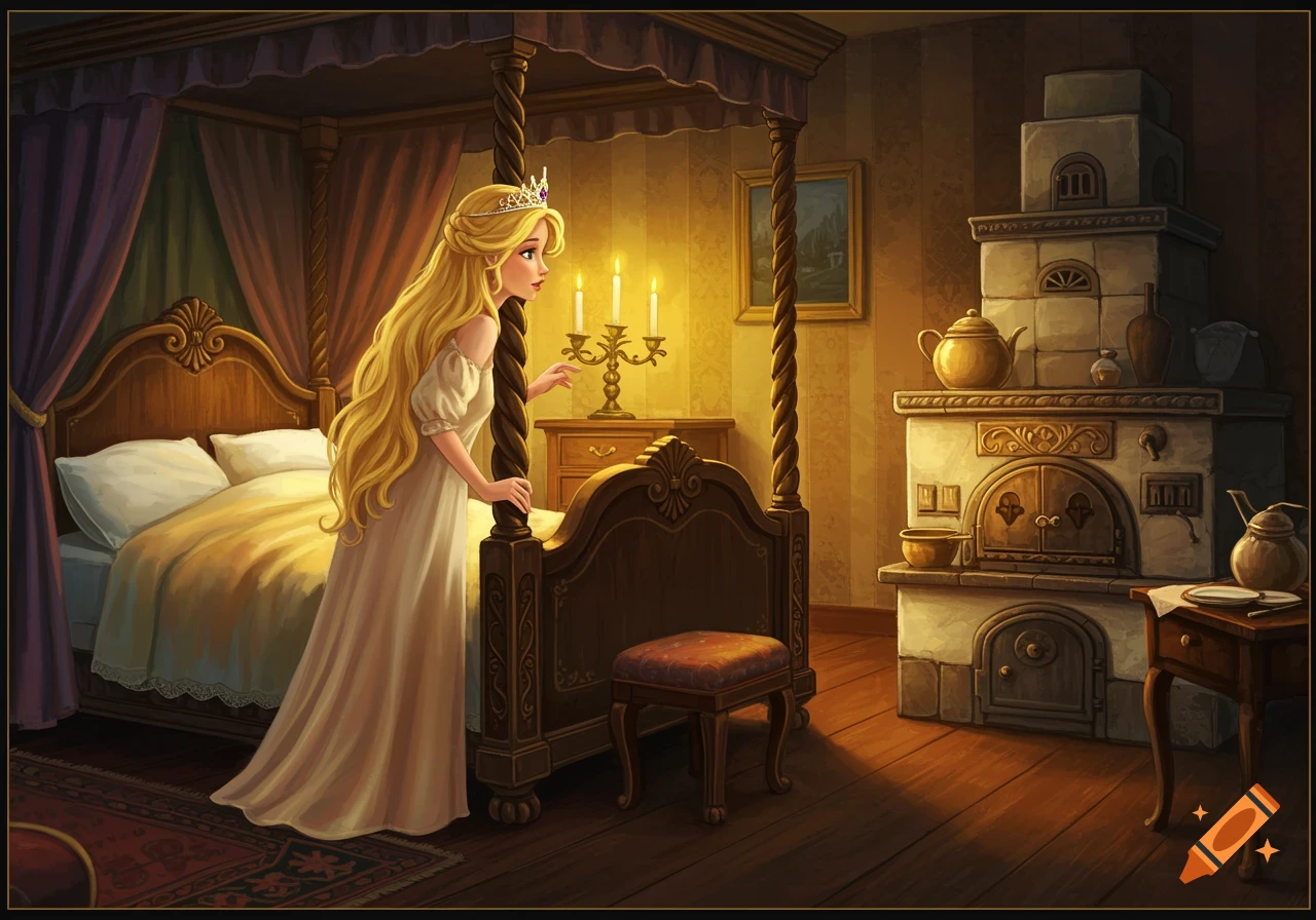 A princess stands by a large bed looking towards an ornate oven in a dimly lit chamber. Illustration style.