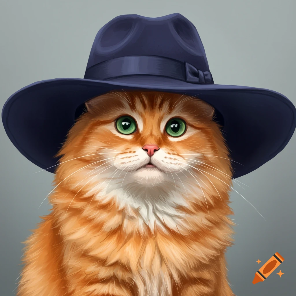 Illustration of an orange fluffy cat with green eyes wearing a blue hat.