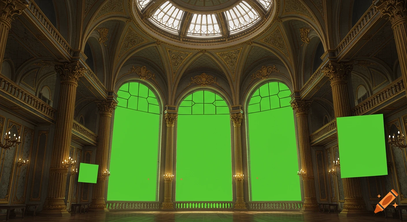 A grand, ornate ballroom interior with large green screen windows and a domed ceiling.