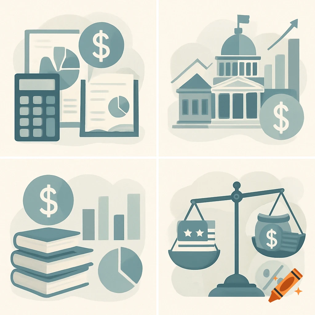 Four panels illustrate finance and government: calculator with charts, government building with graphs, books with charts, and a scale weighing money and flag.