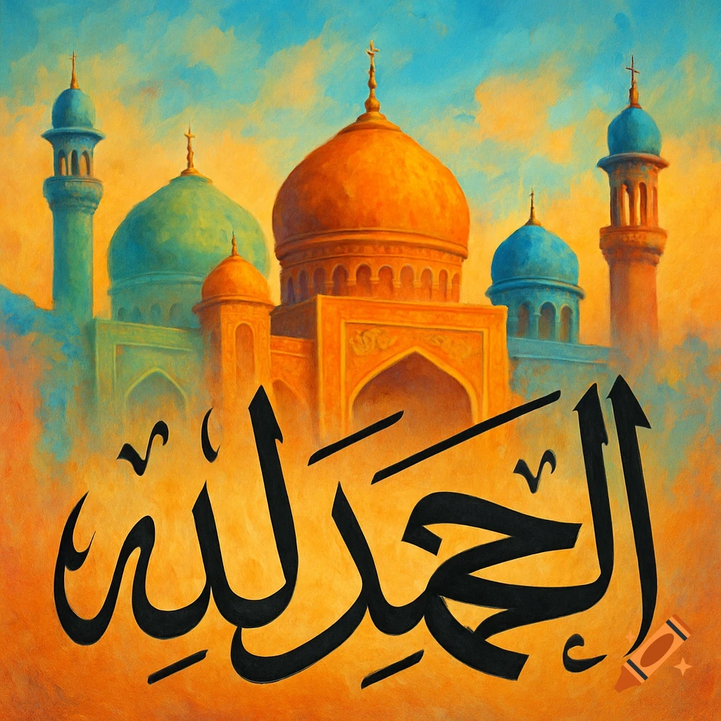 Painterly image of Islamic architecture with domes and minarets and large black Arabic calligraphy in front.