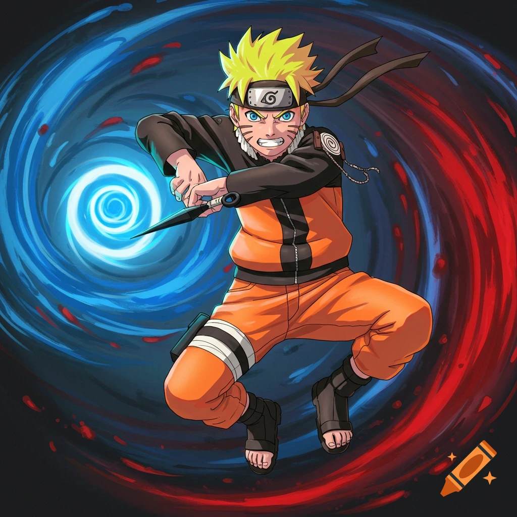 Naruto in his classic orange and black outfit, leaping with a kunai in hand, surrounded by swirling blue and red energy