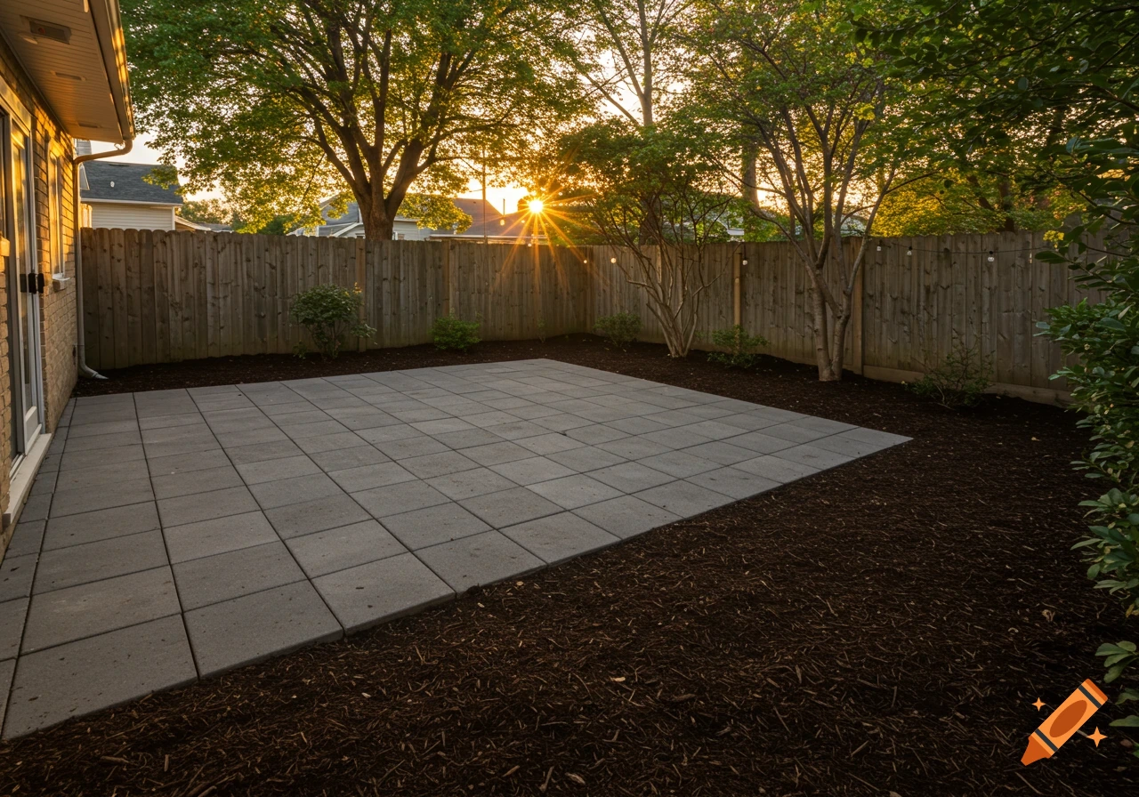 A paved patio in a backyard surrounded by dark mulch, with a wooden fence and trees in the background at sunset.