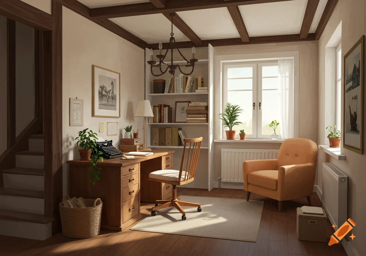 A cozy farmhouse style home office interior with a desk, typewriter, bookshelf, and armchair, bathed in sunlight.