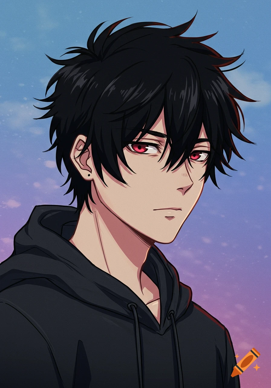 Anime portrait of a guy with black spiky hair and red eyes wearing a black hoodie.