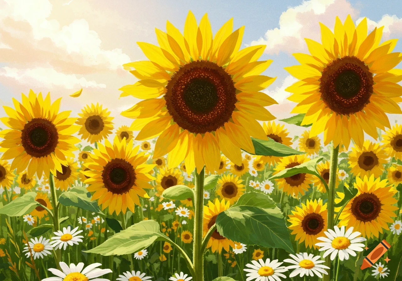 A vibrant field of sunflowers and daisies under a bright sky, painted style.