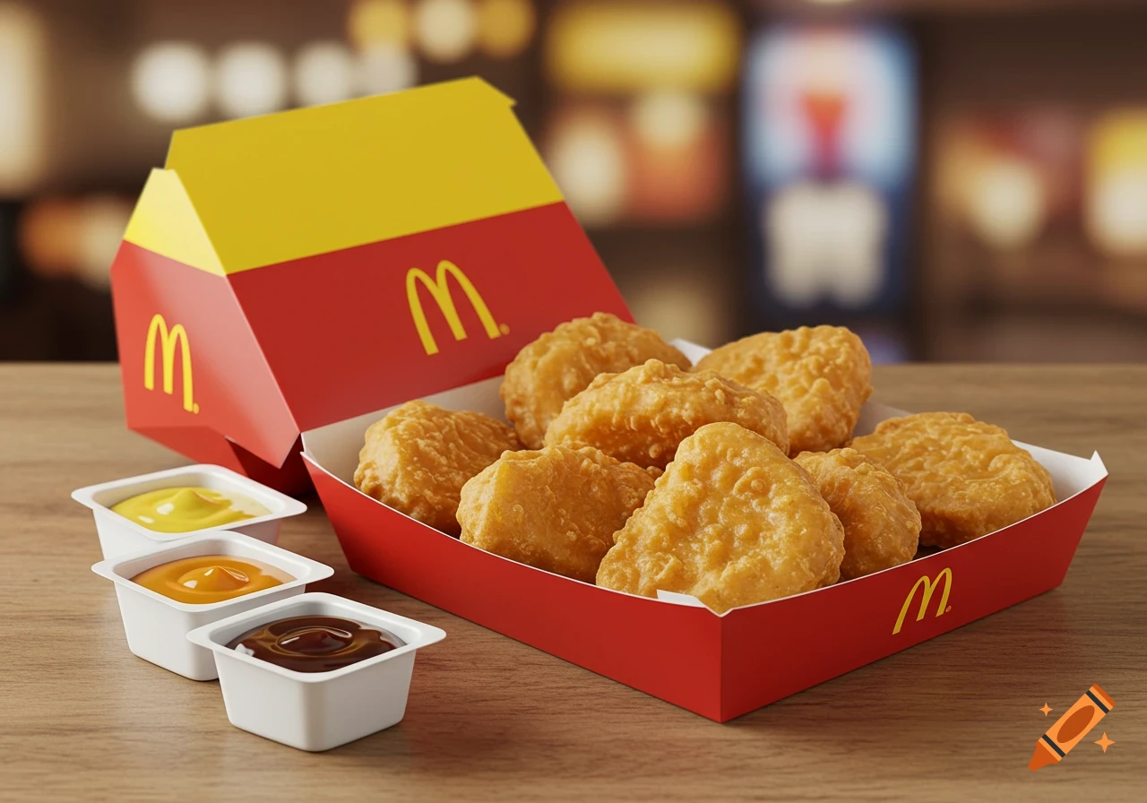 A box of McDonald's chicken nuggets with three dipping sauces.