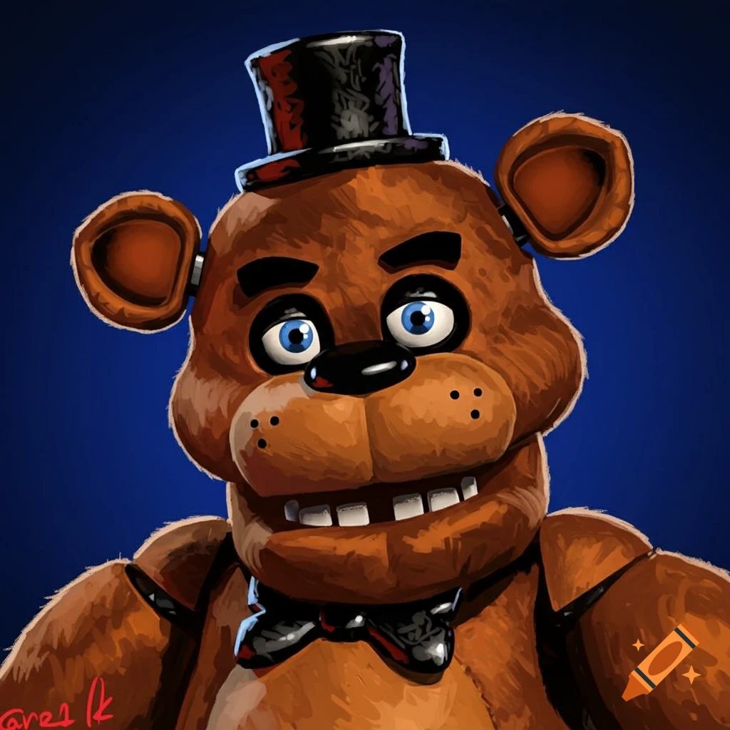 Close-up illustration of Freddy Fazbear from Five Nights at Freddy's wearing a top hat and bowtie on a blue background.
