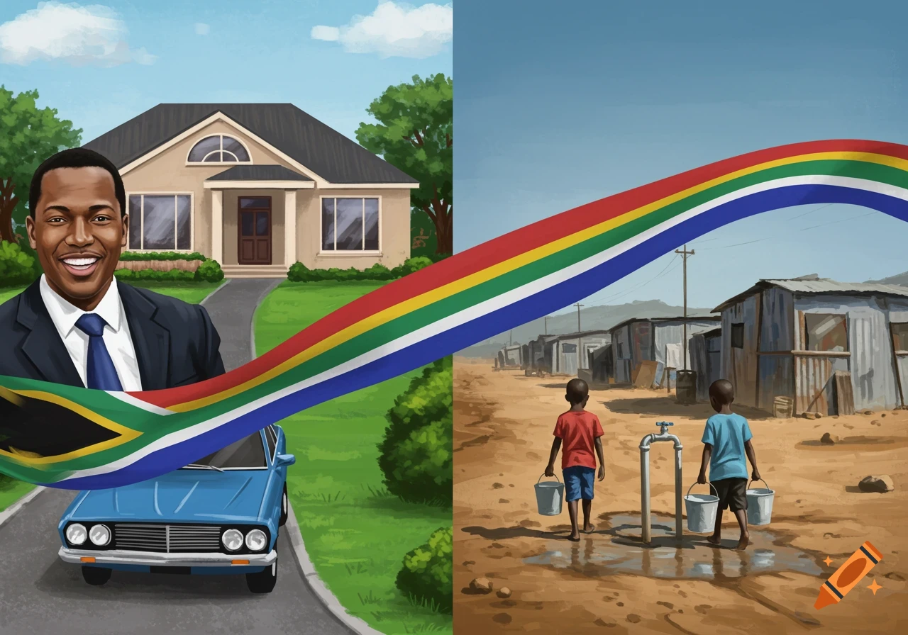 Illustration showing socioeconomic contrast in South Africa with a mansion and businessman, and shacks with children, connected by the flag.