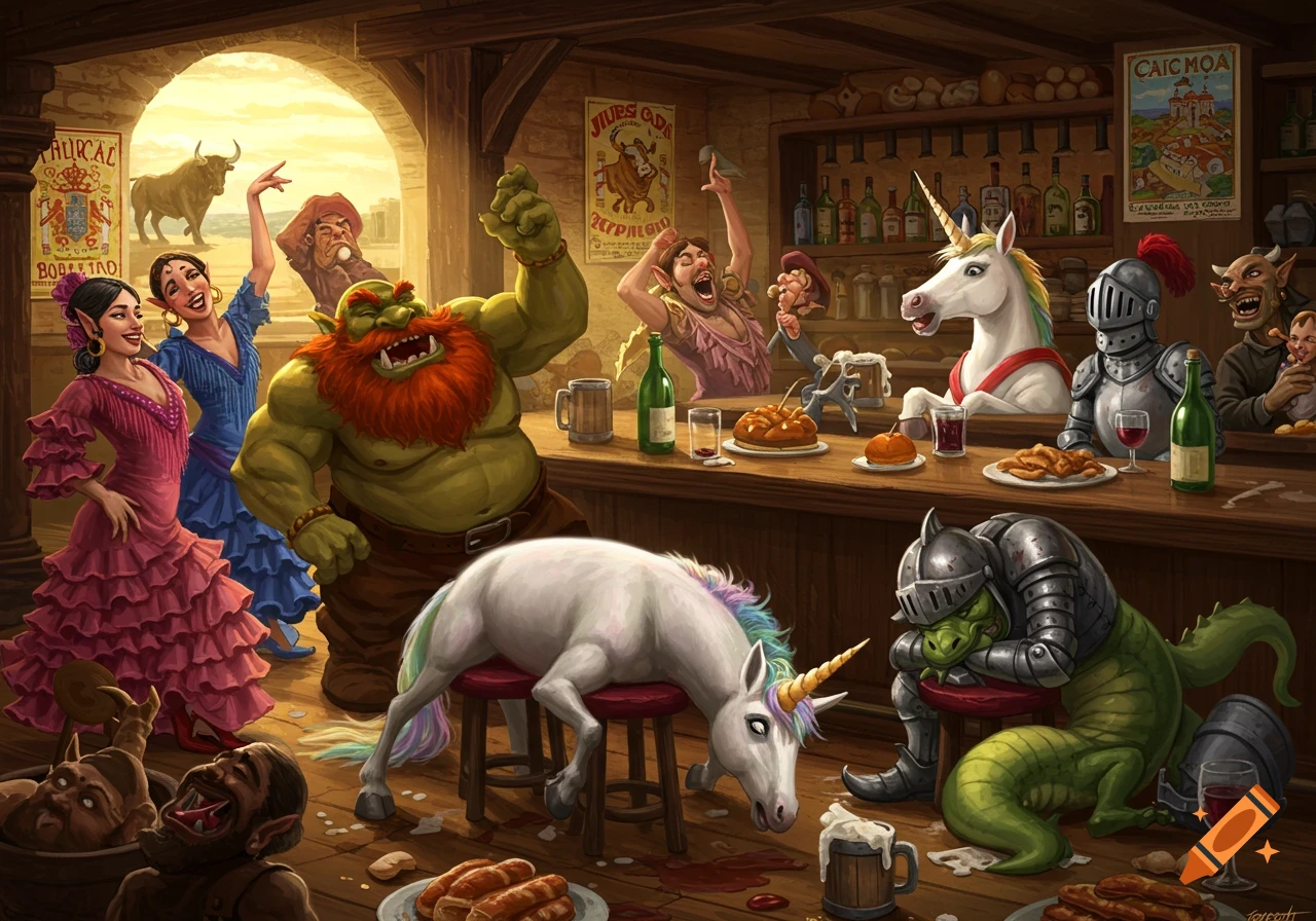 Fantasy illustration of mythical creatures, knight, and dancers drinking in a Spanish tavern, with a unicorn passed out on a stool.