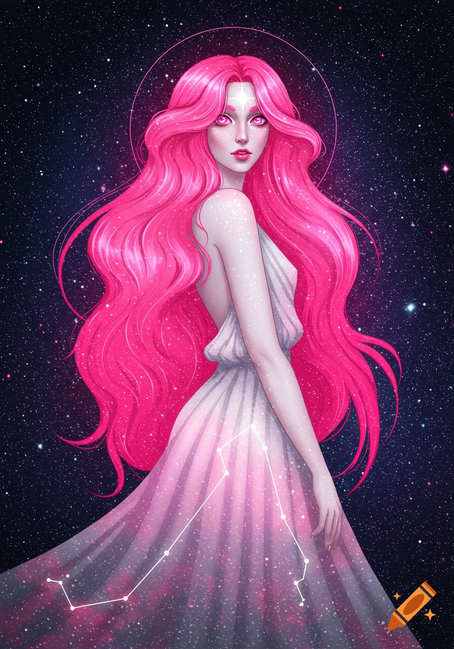 Portrait of a woman with bright pink hair and pink eyes in a starry ...