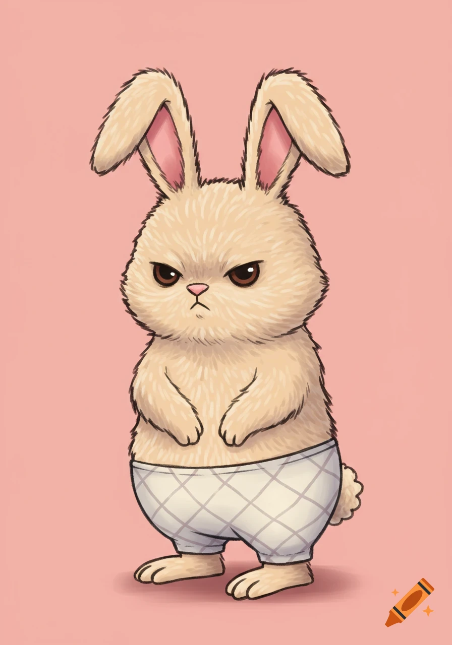 A grumpy light brown cartoon bunny stands wearing patterned underwear on a pink background.