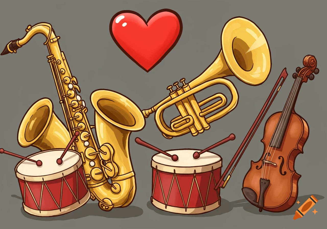 Cartoon illustration of a saxophone, trumpet, two drums with sticks, and a violin with bow next to a red heart.