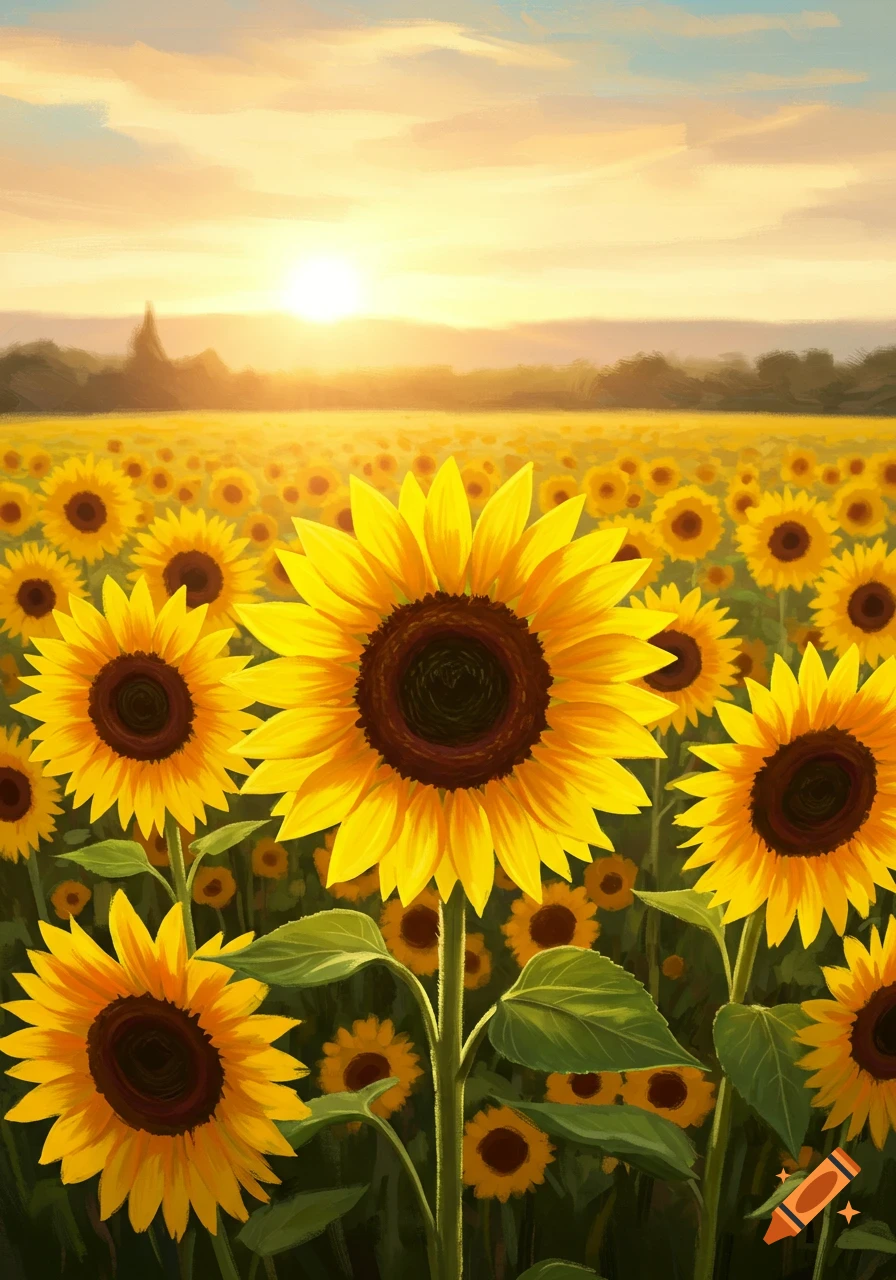 Field of sunflowers at sunset in a painterly style