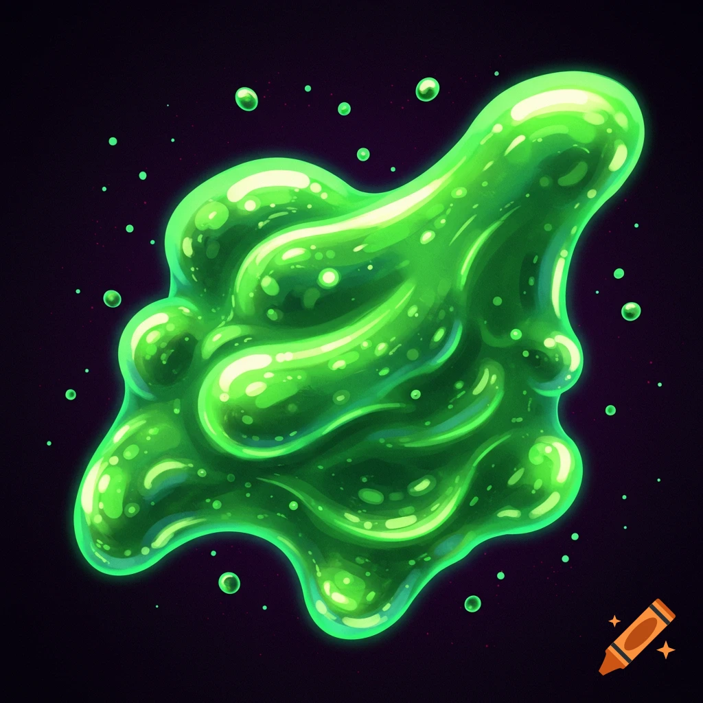 A bright green blob of slime with bubbles against a dark background.