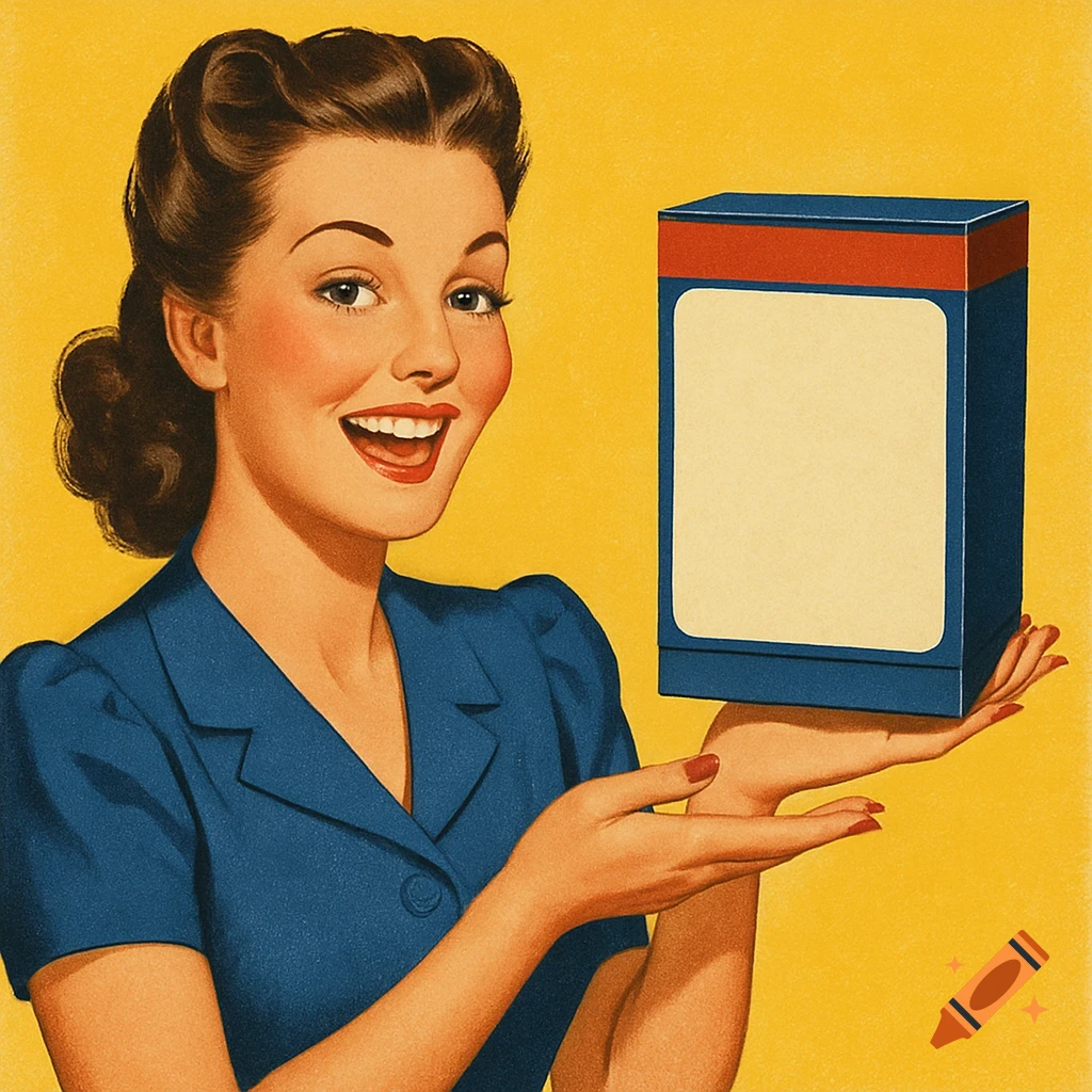 Vintage illustration of a woman in a blue dress presenting a box.