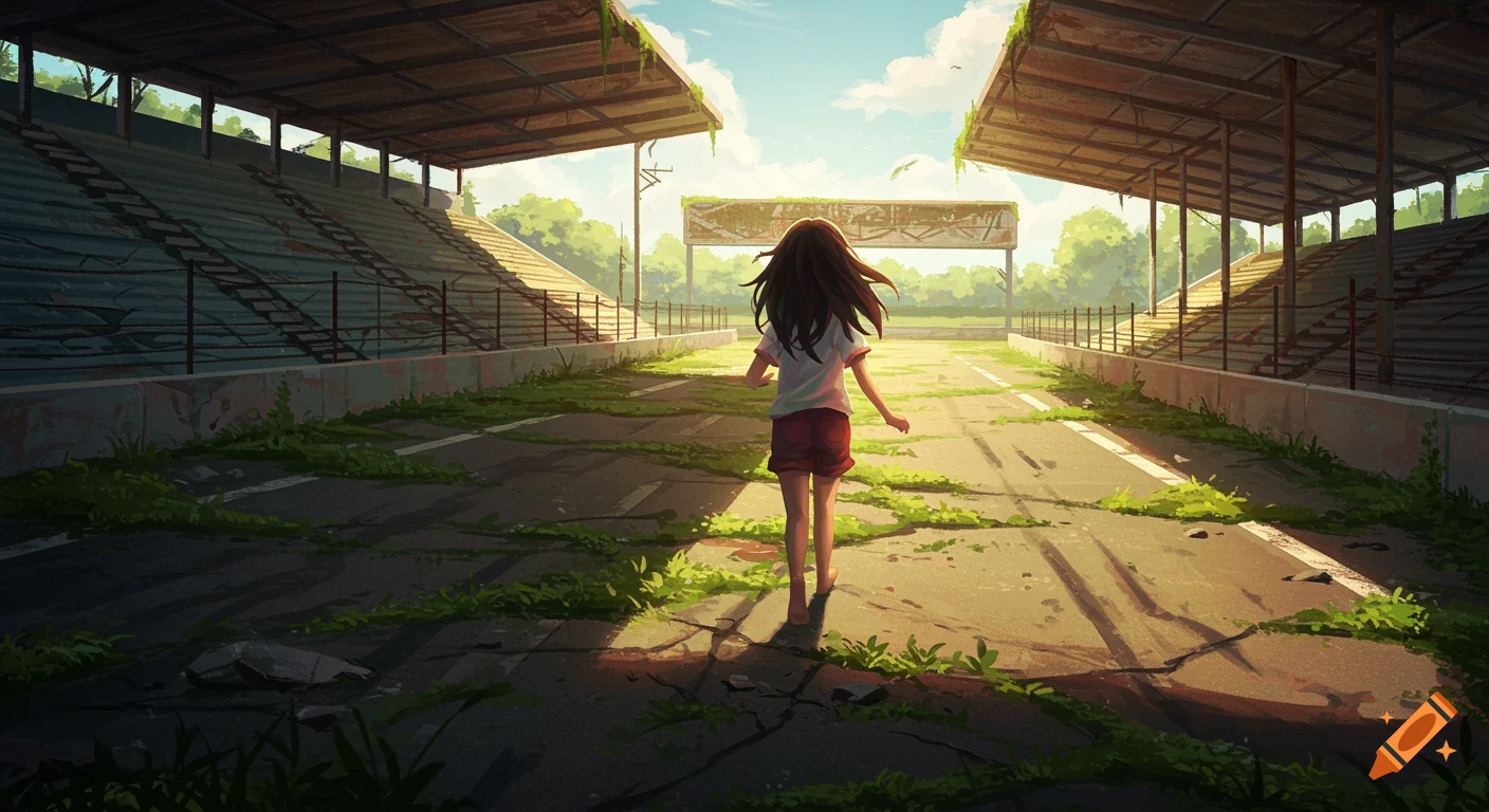 Illustration of girl running barefoot on an abandoned racetrack.