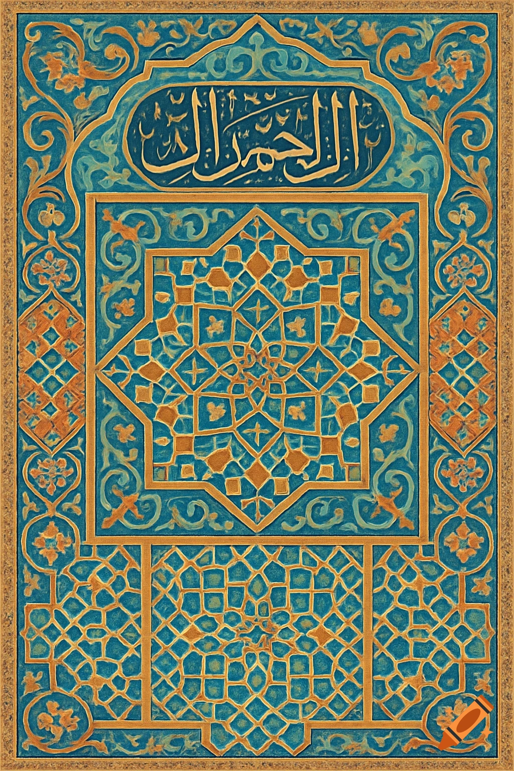 Intricate blue and gold Islamic art with geometric patterns and Arabic calligraphy.