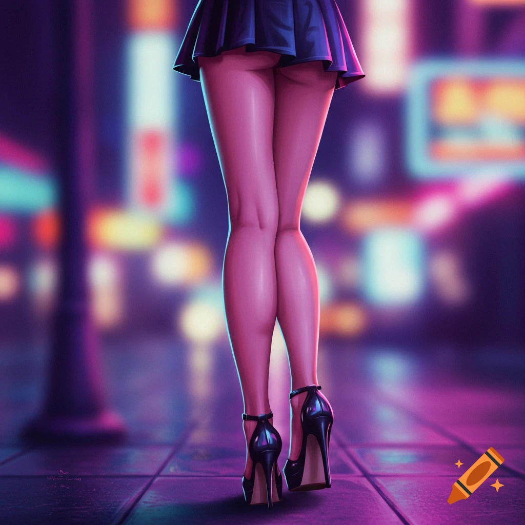 Person from behind wearing a short skirt and high heels on a neon-lit street