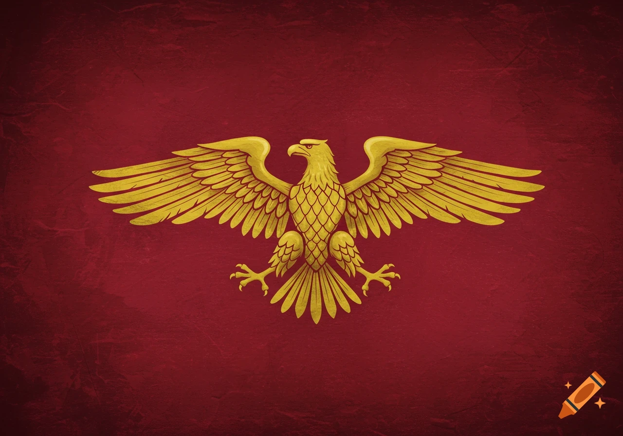 A golden imperial eagle emblem with outstretched wings on a distressed deep red background.