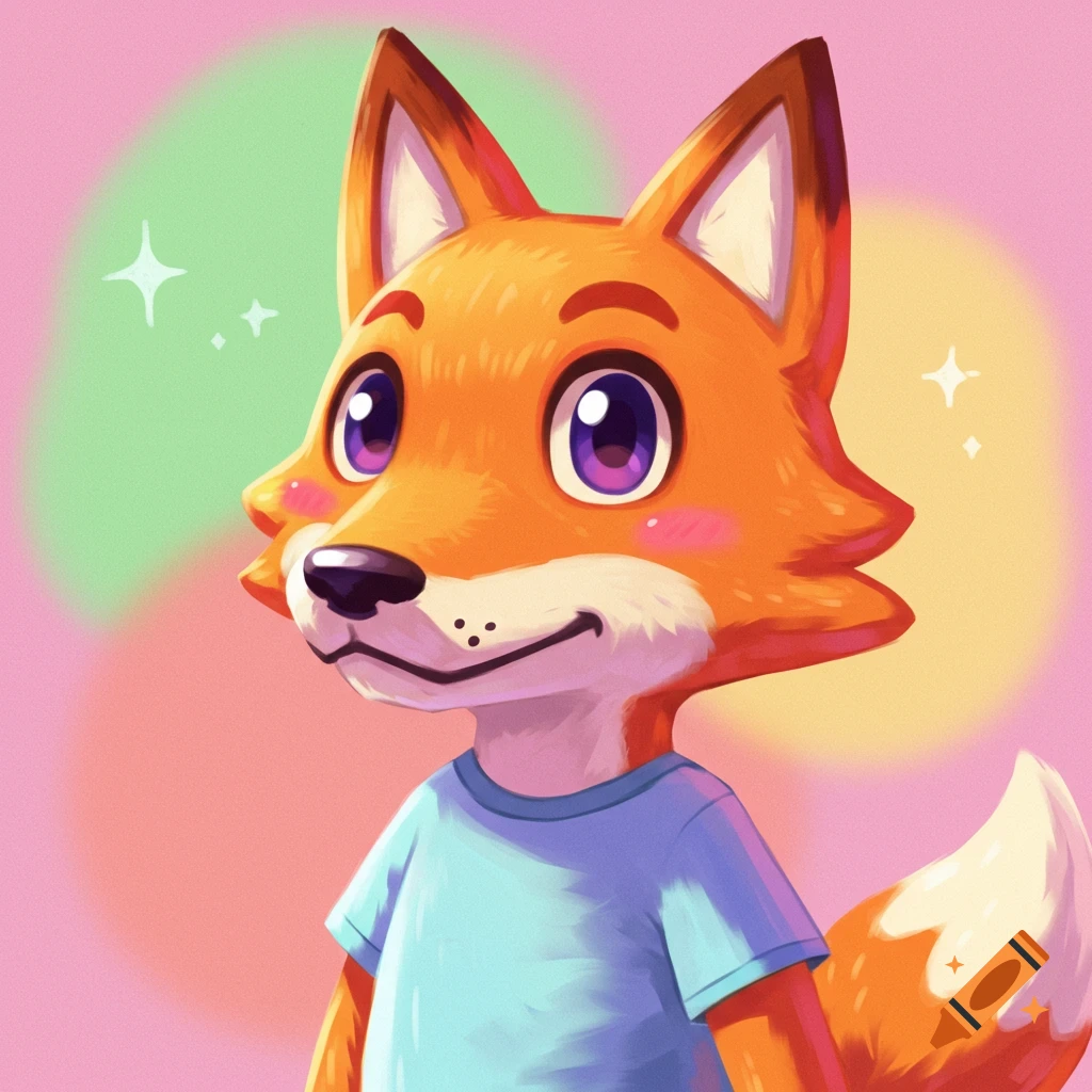 A cute cartoon fox in the style of Animal Crossing, wearing a blue shirt and standing against a pink and green background.