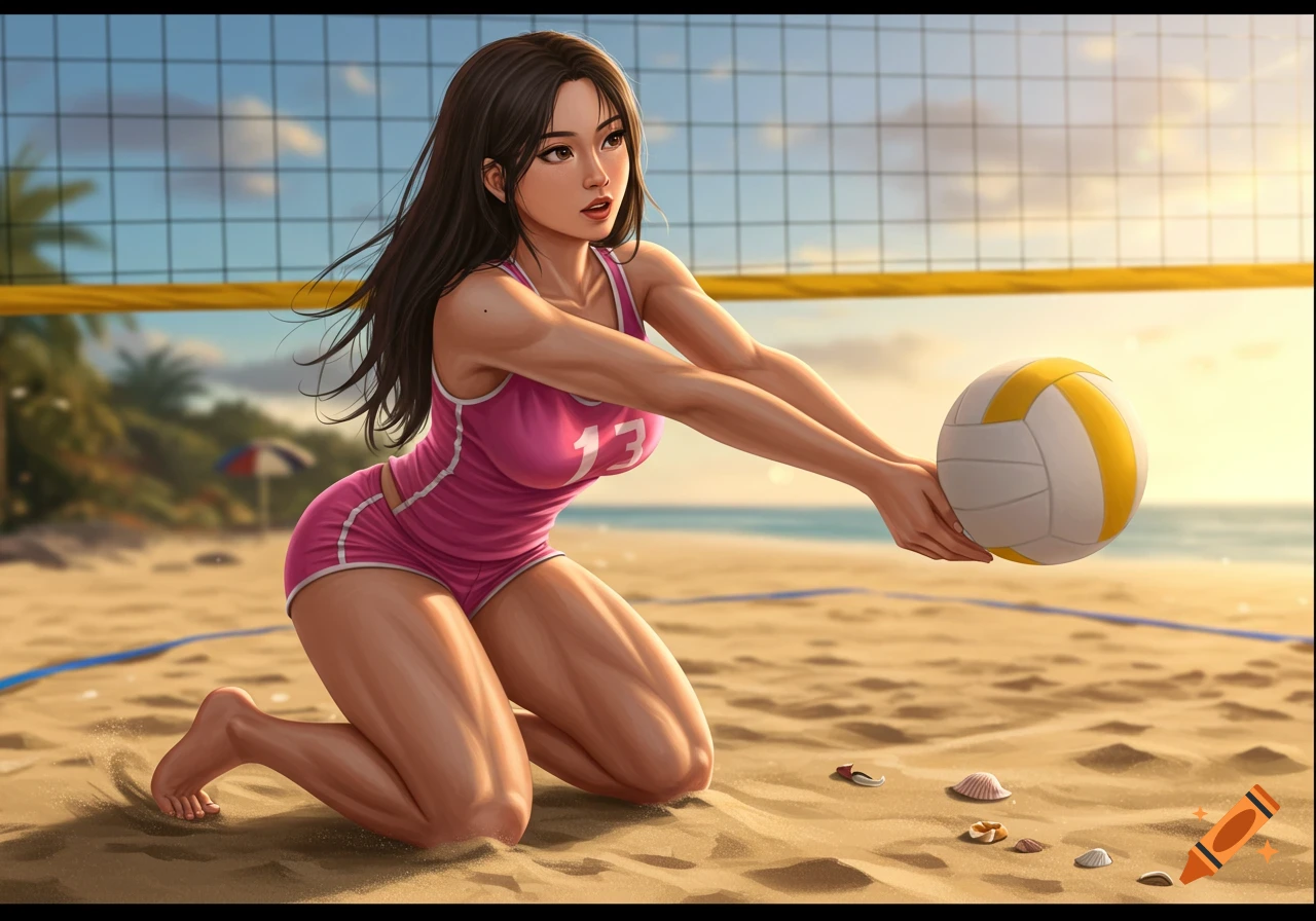Young woman playing volleyball on a beach, digital painting style.