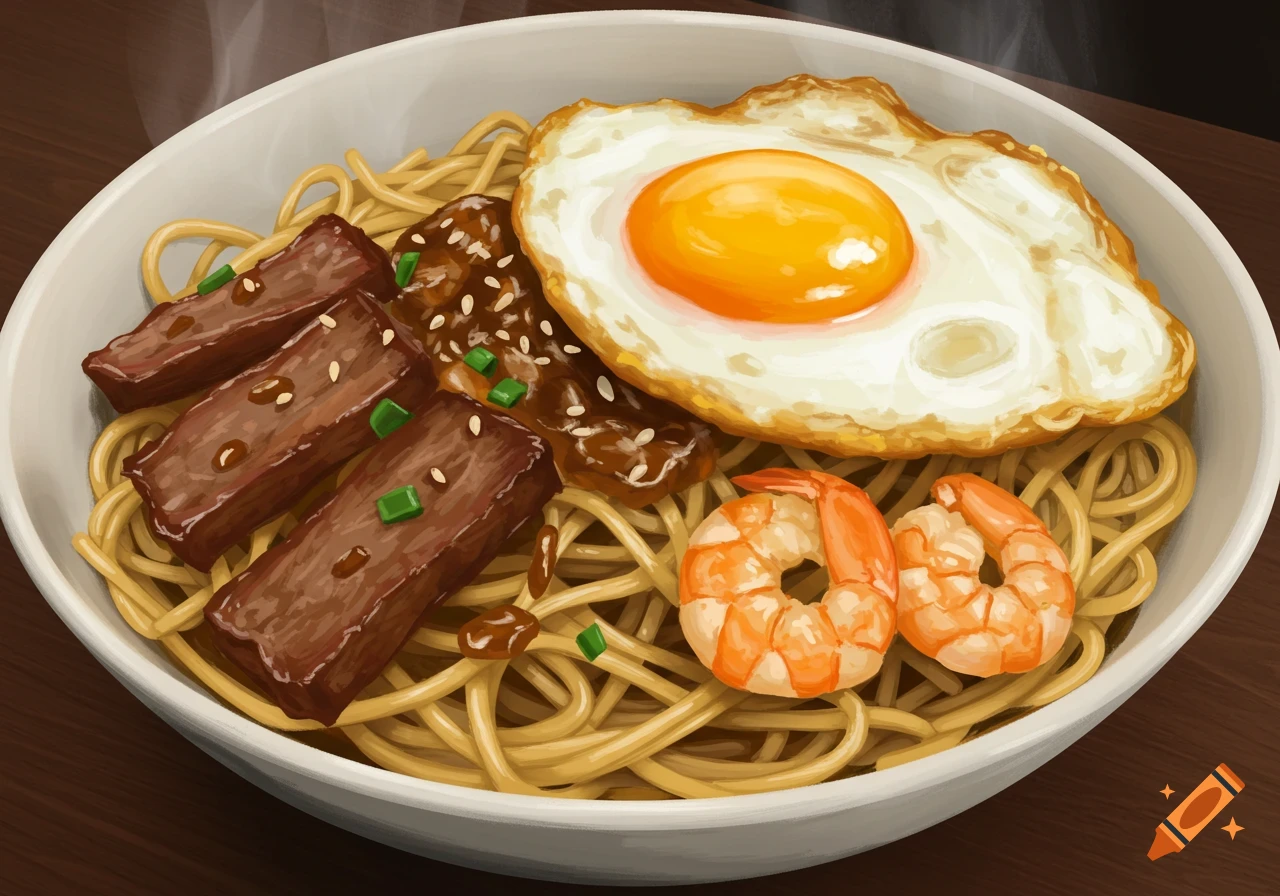 Bowl of noodles topped with beef, shrimp, and fried egg, illustrated.