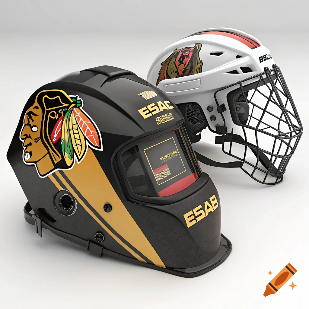 Two helmets, a black welding helmet and a white hockey helmet, with various logos and text.