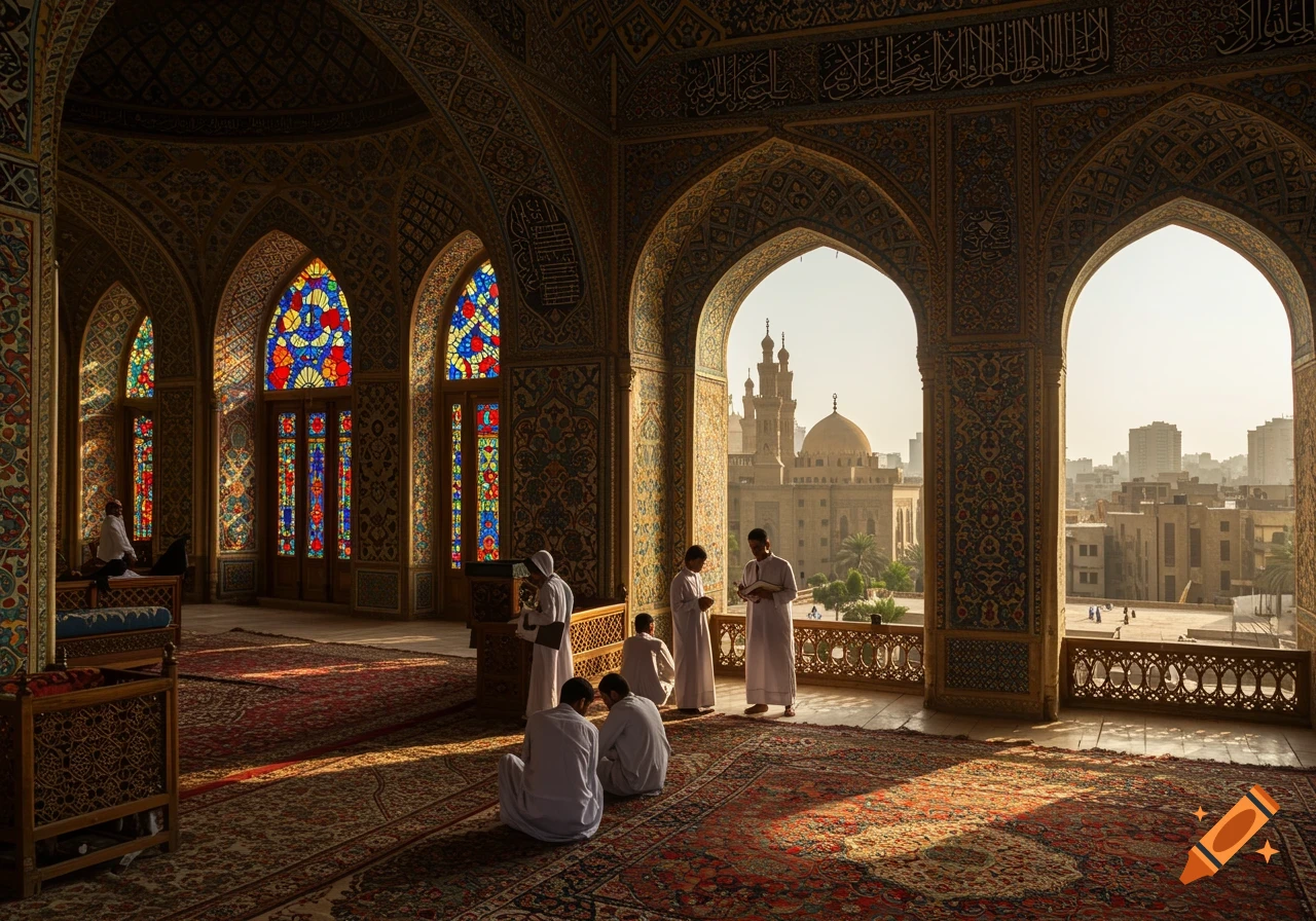 Interior view of a mosque with students, ornate Islamic architecture, and a view of another building in Cairo through arches.