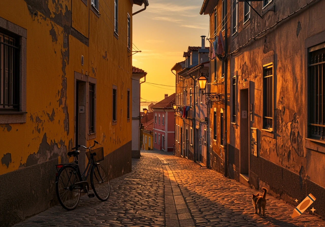 Cobbled street at sunset with leaning buildings, a bicycle leaning on a wall, and a cat walking.